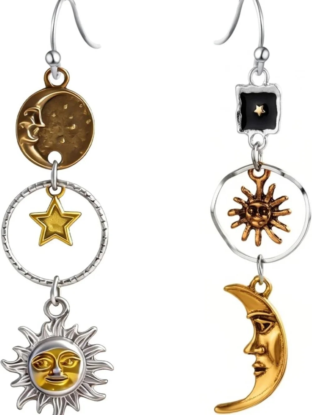 14K Gold Plated Vintage Celestial Sun Moon Star Drop Earrings - Boho Dangle